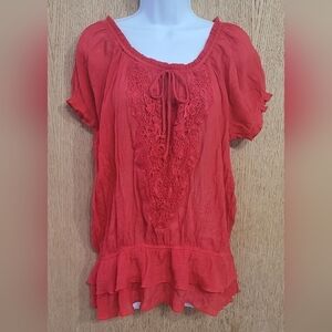 Cato Red Sheer Applique Blouse With Elastic Trim